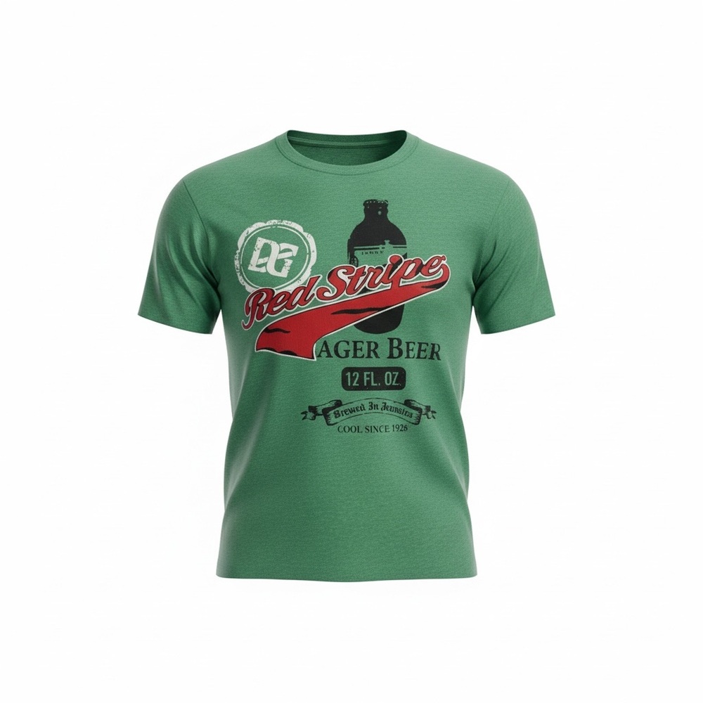 Red Stripe Lager Beer Embroidered Graphic Tee Green Mens Large